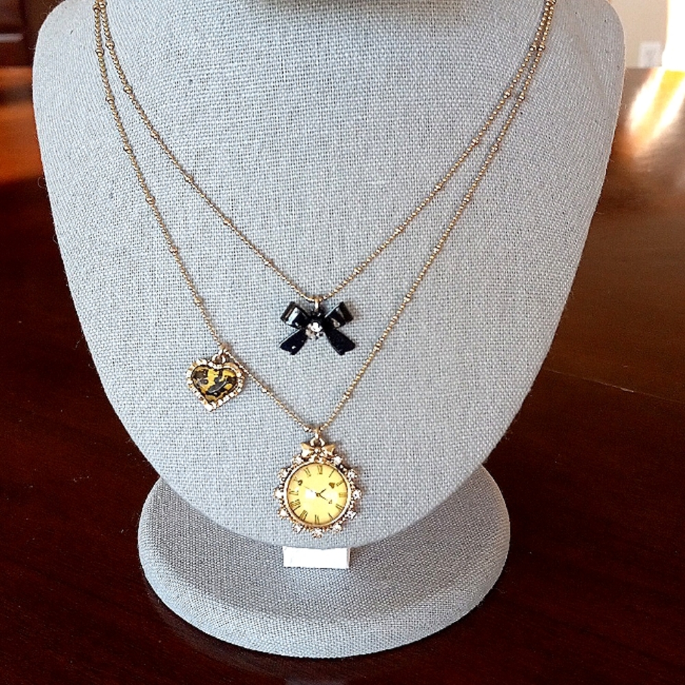 Betsey Johnson Adjustable Layered Clock Necklace w/Black Bow & Leopard Heart